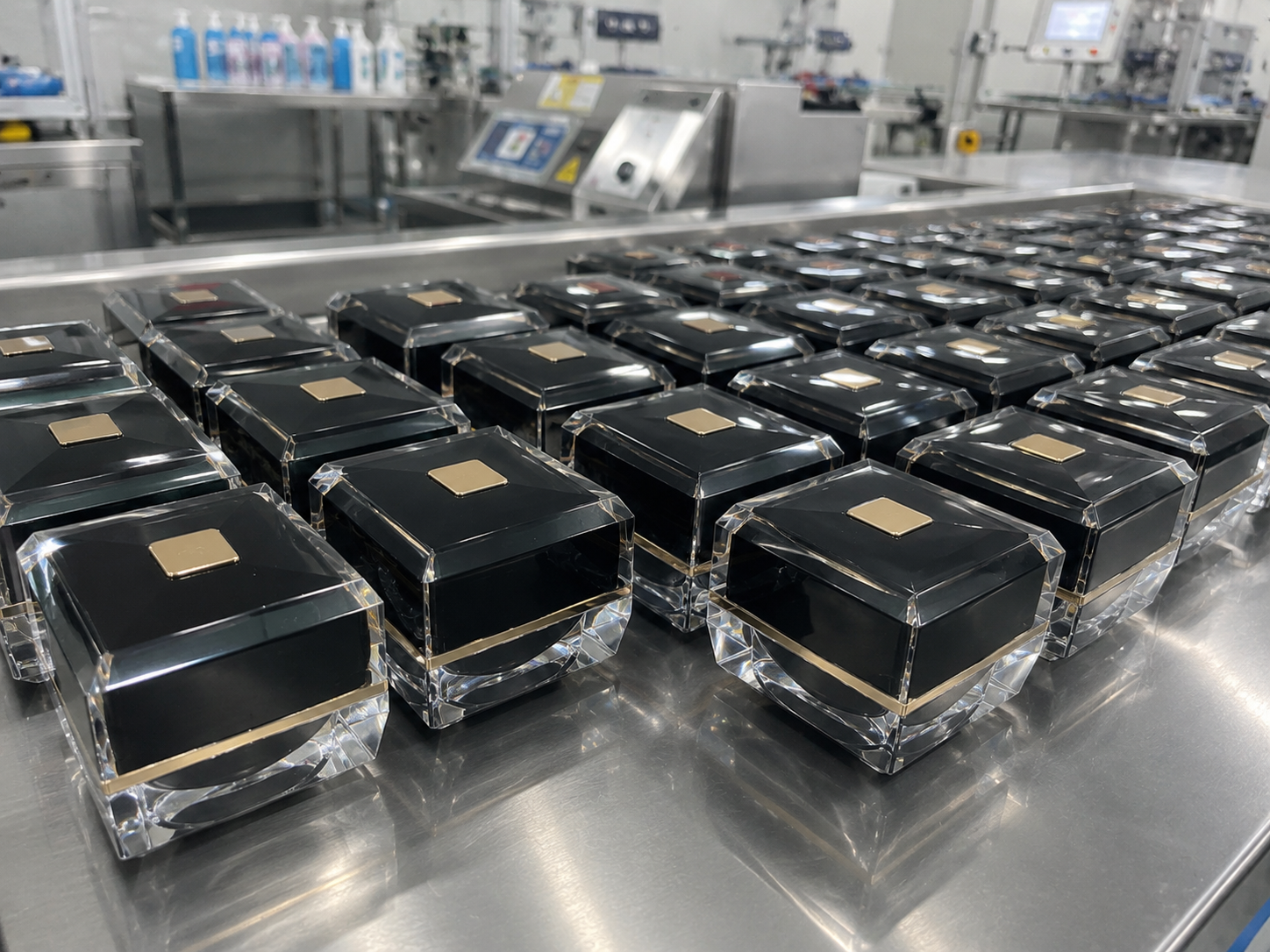 Finished cream jars on the production line
